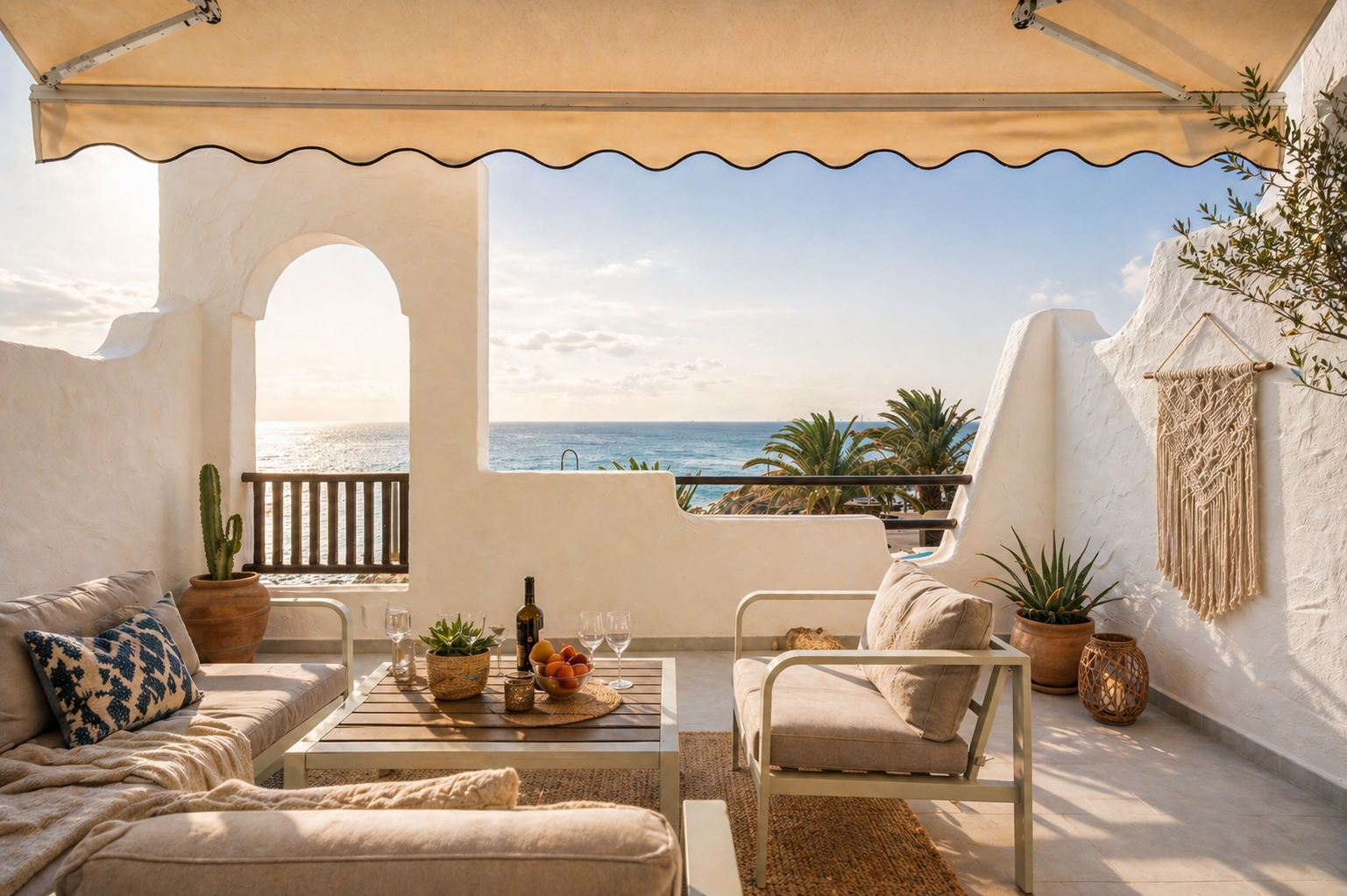 Golden-hour terrace with macramé wall hanging and olive tree